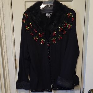 Berek Elegant Black Garment with Textured Detail and fur Collar And Cuffs